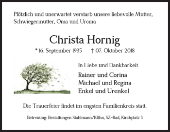Traueranzeige von Christa Hornig von Salzgitter Zeitung