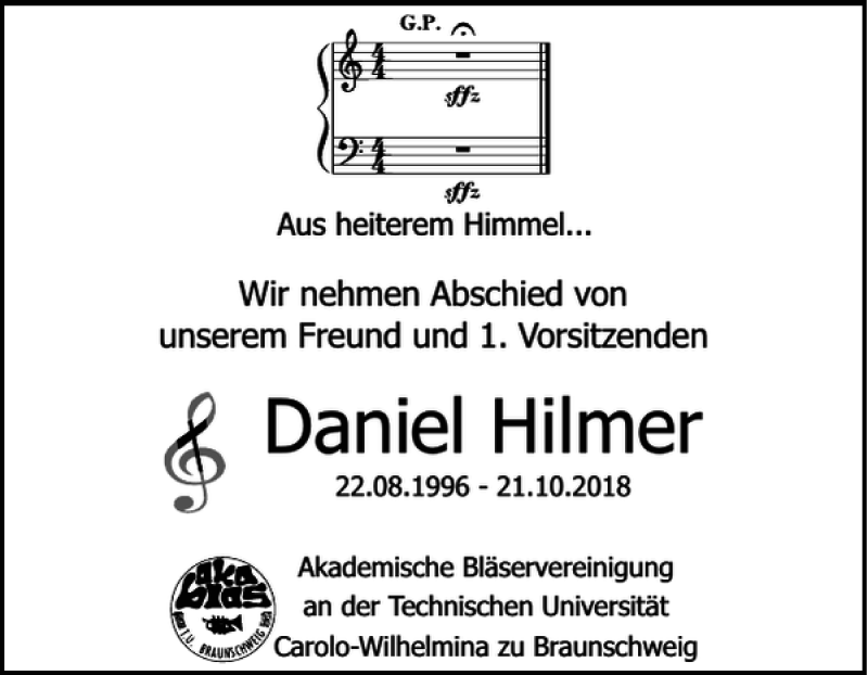  Traueranzeige für Daniel Hilmer vom 26.10.2018 aus Braunschweiger Zeitung
