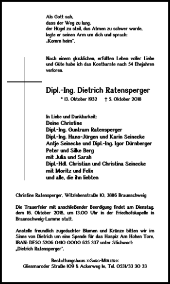 Traueranzeige von Dipl.-Ing. Dietrich Ratensperger von Braunschweiger Zeitung