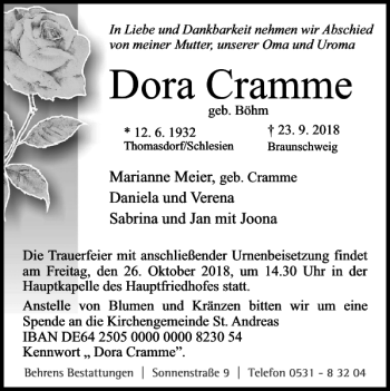 Traueranzeige von Dora Cramme von Braunschweiger Zeitung