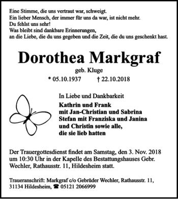 Traueranzeige von Dorothea Markgraf von Braunschweiger Zeitung