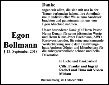 Traueranzeige von Egon Bollmann von Braunschweiger Zeitung