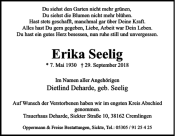 Traueranzeige von Erika Seelig von Wolfenbütteler Zeitung