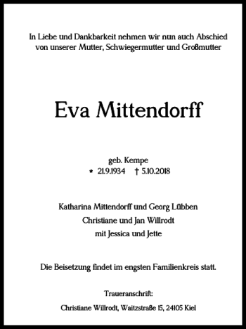 Traueranzeige von Eva Mittendorff von Wolfenbütteler Zeitung