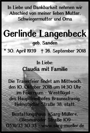 Traueranzeige von Gerlinde Langenbeck von Braunschweiger Zeitung
