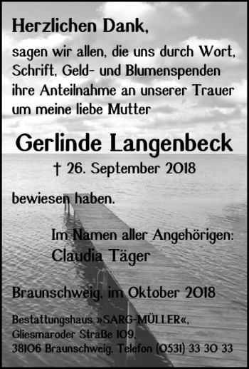 Traueranzeige von Gerlinde Langenbeck von Braunschweiger Zeitung