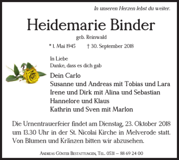 Traueranzeige von Heidemarie Binder von Braunschweiger Zeitung