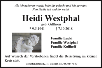 Traueranzeige von Heidi Westphal von Braunschweiger Zeitung