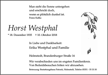 Traueranzeige von Horst Westphal von Helmstedter Nachrichten