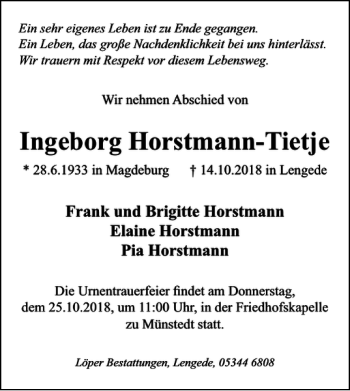 Traueranzeige von Ingeborg Horstmann-Tietje von Braunschweiger Zeitung