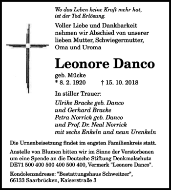 Traueranzeige von Leonore Danco von Wolfsburger Nachrichten