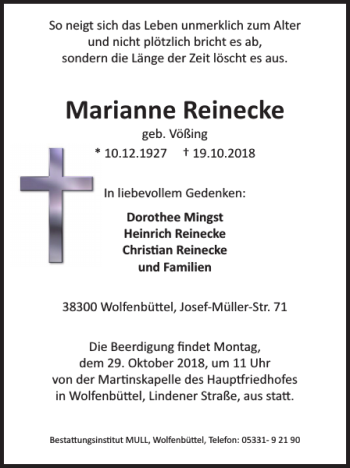 Traueranzeige von Marianne Reinecke von Wolfenbütteler Zeitung