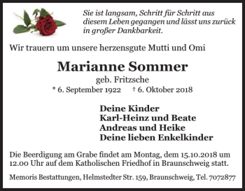 Traueranzeige von Marianne Sommer von Braunschweiger Zeitung