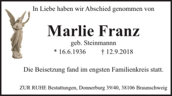 Traueranzeige von Marlie Franz von Braunschweiger Zeitung