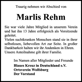 Traueranzeige von Marlis Rehm von Wolfsburger Nachrichten