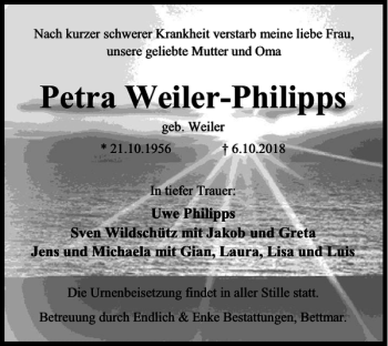 Traueranzeige von Petra Weiler-Philipps von Peiner Nachrichten