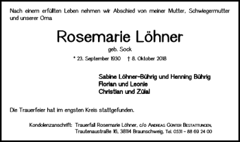 Traueranzeige von Rosemarie Löhner von Braunschweiger Zeitung