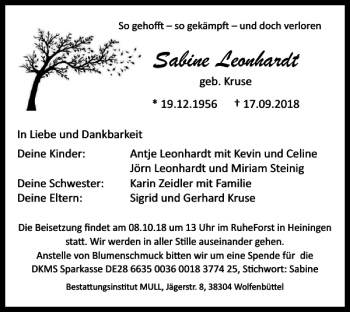 Traueranzeige von Sabine Leonhardt von Wolfenbütteler Zeitung