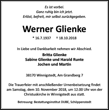 Traueranzeige von Werner Glienke von Wolfenbütteler Zeitung