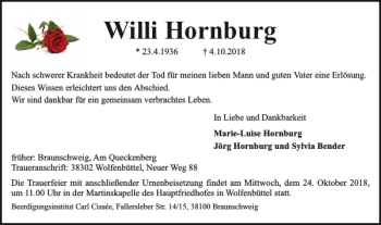Traueranzeige von Willi Hornburg von Braunschweiger Zeitung