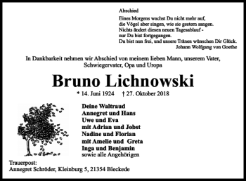 Traueranzeige von Bruno Lichnowski von Salzgitter Zeitung