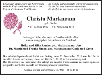 Traueranzeige von Christa Markmann von Braunschweiger Zeitung