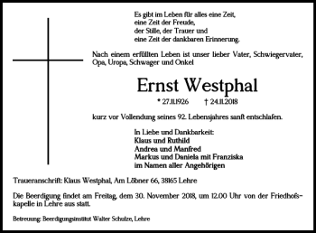 Traueranzeige von Ernst Westphal von Helmstedter Nachrichten