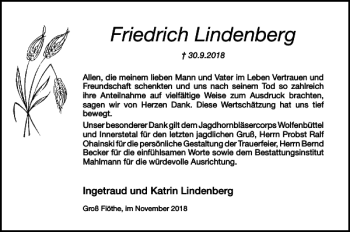 Traueranzeige von Friedrich Lindenberg von Wolfenbütteler Zeitung
