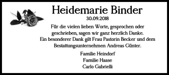 Traueranzeige von Heidemarie Binder von Braunschweiger Zeitung