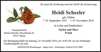 Traueranzeige von Heidi Scheeler von Helmstedter Nachrichten