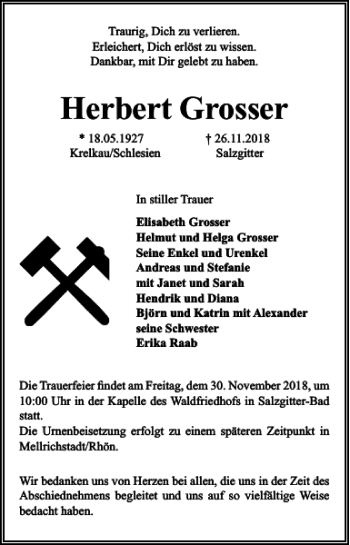 Traueranzeige von Herbert Grosser von Salzgitter Zeitung