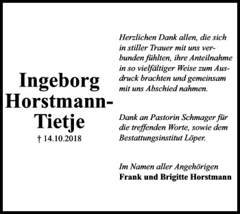 Traueranzeige von Ingeborg Horstmann-Tietje von Braunschweiger Zeitung