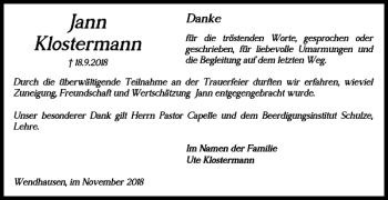 Traueranzeige von Jann Klostermann von Braunschweiger Zeitung