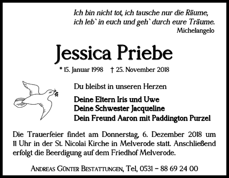  Traueranzeige für Jessica Priebe vom 30.11.2018 aus Braunschweiger Zeitung