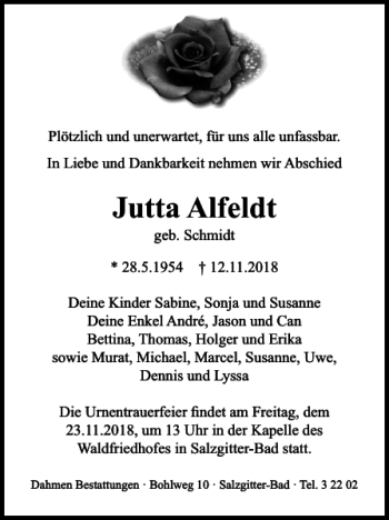 Traueranzeige von Jutta Alfeldt von Salzgitter Zeitung