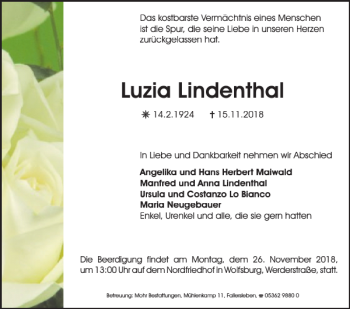 Traueranzeige von Luzia Lindenthal von Wolfsburger Nachrichten