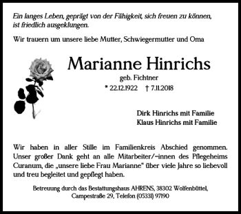 Traueranzeige von Marianne Hinrichs von Wolfenbütteler Zeitung