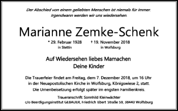 Traueranzeige von Marianne Zemke-Schenk von Wolfsburger Nachrichten