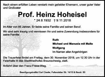 Traueranzeige von Prof. Heinz Hoheisel von Braunschweiger Zeitung