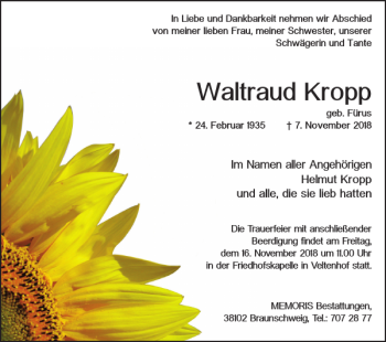 Traueranzeige von Waltraud Kropp von Braunschweiger Zeitung