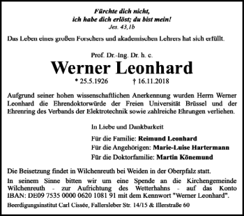 Traueranzeige von Werner Leonhard von Braunschweiger Zeitung