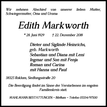 Traueranzeige von Edith Markworth von Wolfenbütteler Zeitung
