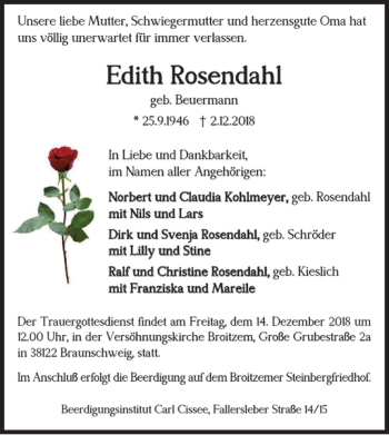 Traueranzeige von Edith Rosendahl von Braunschweiger Zeitung