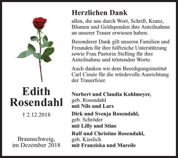 Traueranzeige von Edith Rosendahl von Braunschweiger Zeitung