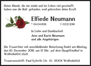 Traueranzeige von Elfiede Neumann von Wolfenbütteler Zeitung