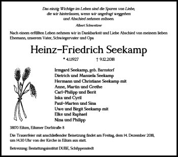 Traueranzeige von Heinz-Friedrich Seekamp von Wolfenbütteler Zeitung