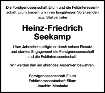 Traueranzeige von Heinz-Friedrich Seekamp von Wolfenbütteler Zeitung