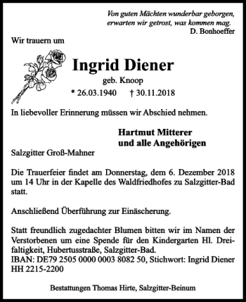 Traueranzeige von Ingrid Diener von Salzgitter Zeitung