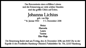 Traueranzeige von Johanna Lichius von Braunschweiger Zeitung