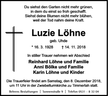 Traueranzeige von Luzie Löhne von Braunschweiger Zeitung